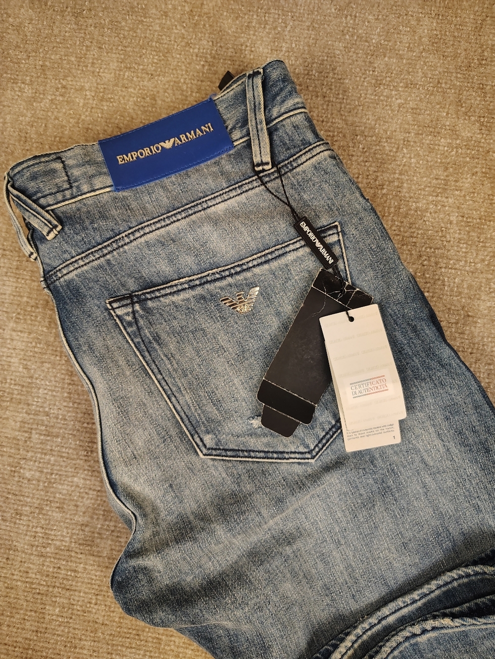 Men's Emporio Armani Slim Fit Straight Blue Denim Jeans Distressed W32 L33 ITALY